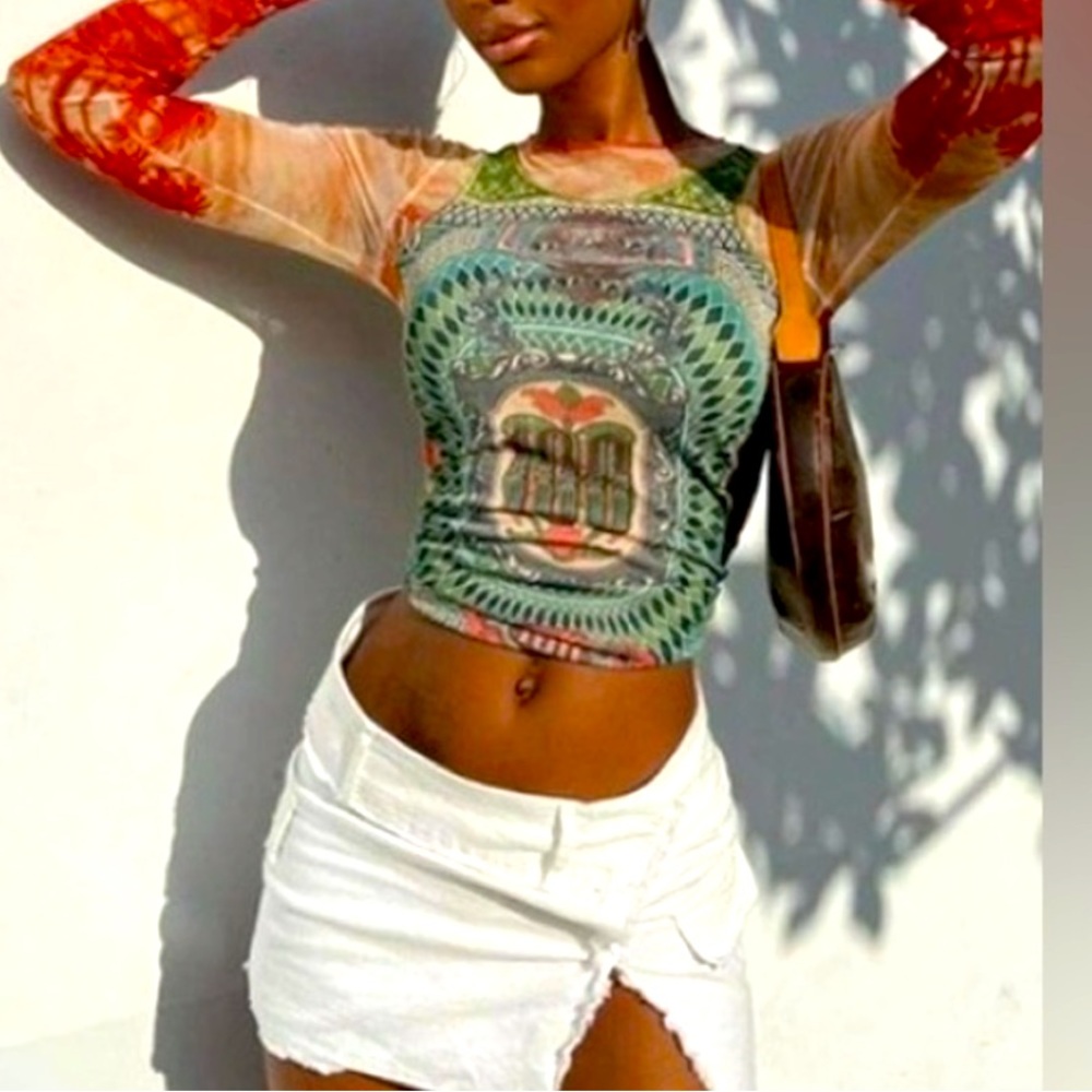 Unique Banknote Long Sleeve Graphic Crop Sexy Mesh Sheer Streetwear T Shirts